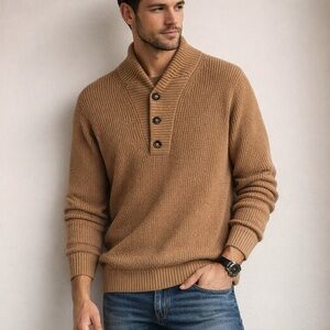 Lunya Lahgo Men’s Waffle Knit Henley Button Up Sweater in Tan